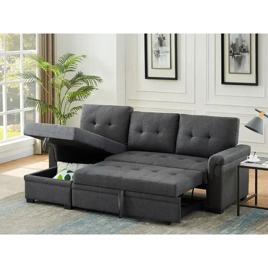 Solid Wood Frame Linen Reversible Sleeper Sectional Sofa with Storage Chaise