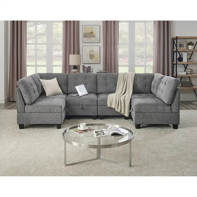 Grey Chenille 6-Piece Modular Sectional Sofa with Hidden Storage
