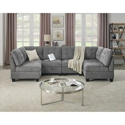 Grey Chenille 6-Piece Modular Sectional Sofa with Hidden Storage