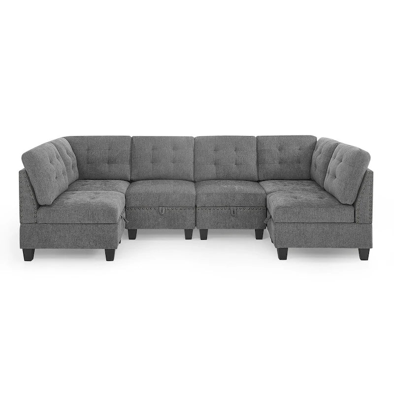 Grey Chenille 6-Piece Modular Sectional Sofa with Hidden Storage