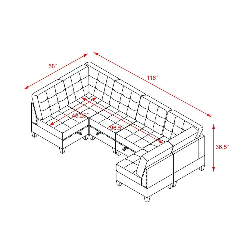 Grey Chenille 6-Piece Modular Sectional Sofa with Hidden Storage