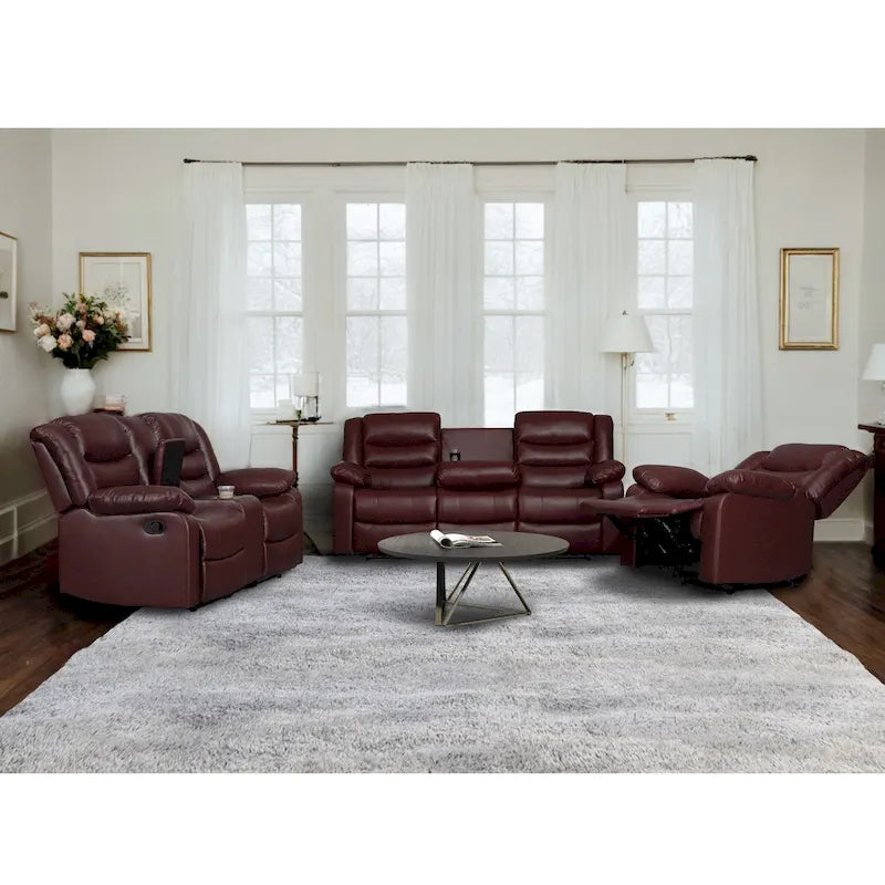 3 Piece Faux Leather Manual Reclining Livingroom Sofa Set with Dropdown Table and Console
