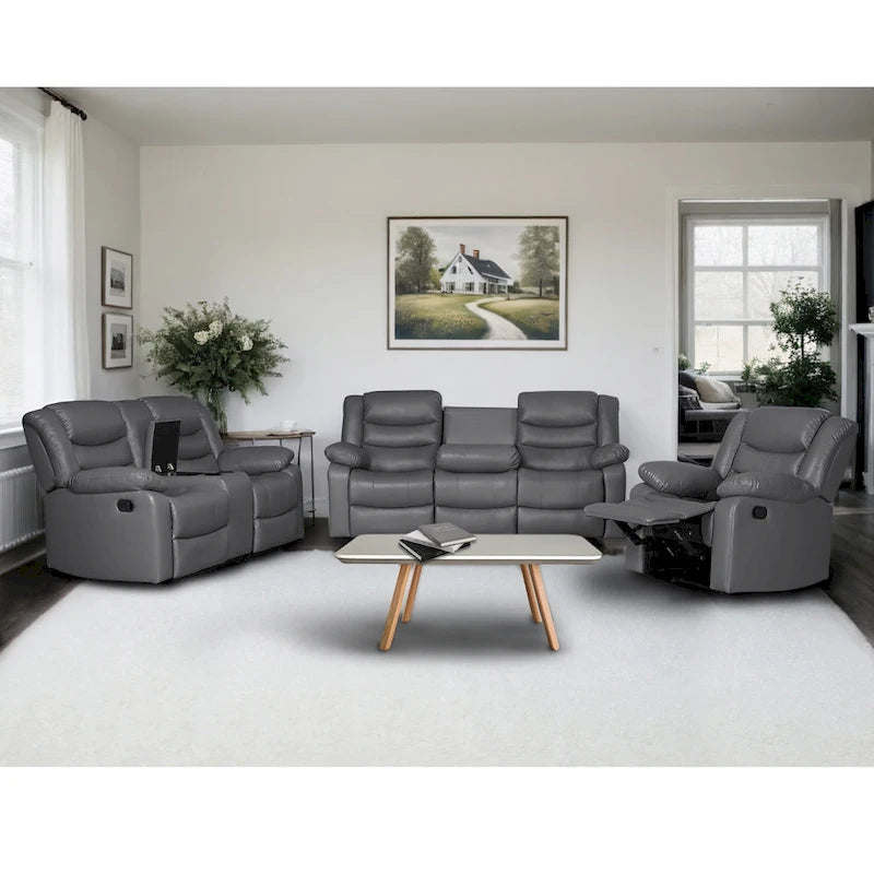 3 Piece Faux Leather Manual Reclining Livingroom Sofa Set with Dropdown Table and Console