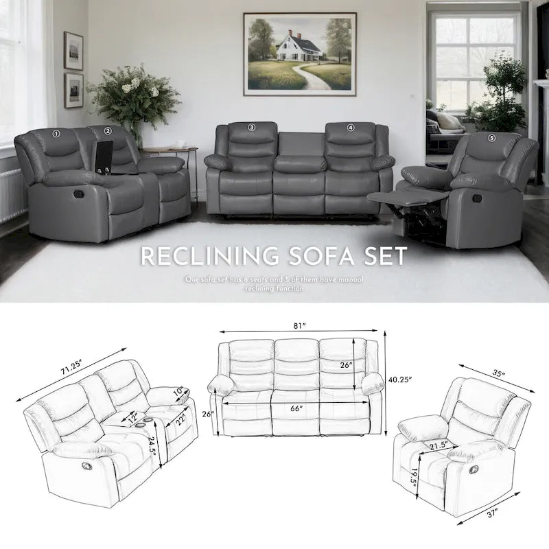 3 Piece Faux Leather Manual Reclining Livingroom Sofa Set with Dropdown Table and Console
