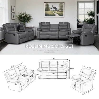 3 Piece Faux Leather Manual Reclining Livingroom Sofa Set with Dropdown Table and Console