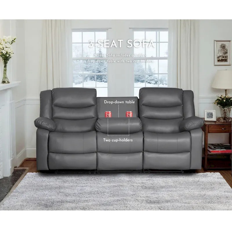 3 Piece Faux Leather Manual Reclining Livingroom Sofa Set with Dropdown Table and Console