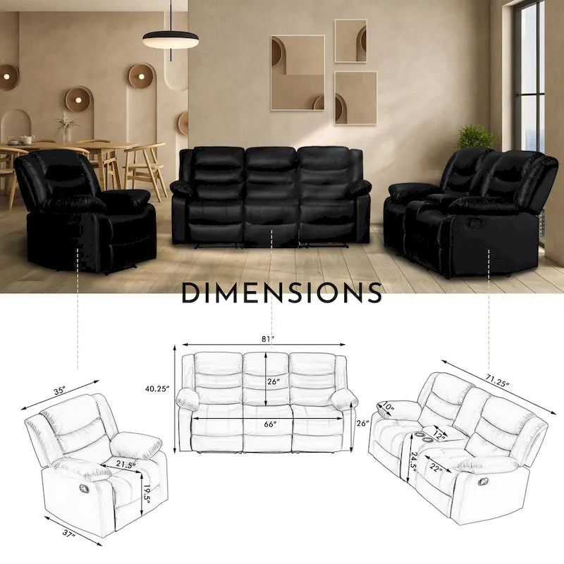 3 Piece Faux Leather Manual Reclining Livingroom Sofa Set with Dropdown Table and Console