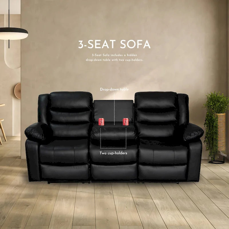 3 Piece Faux Leather Manual Reclining Livingroom Sofa Set with Dropdown Table and Console