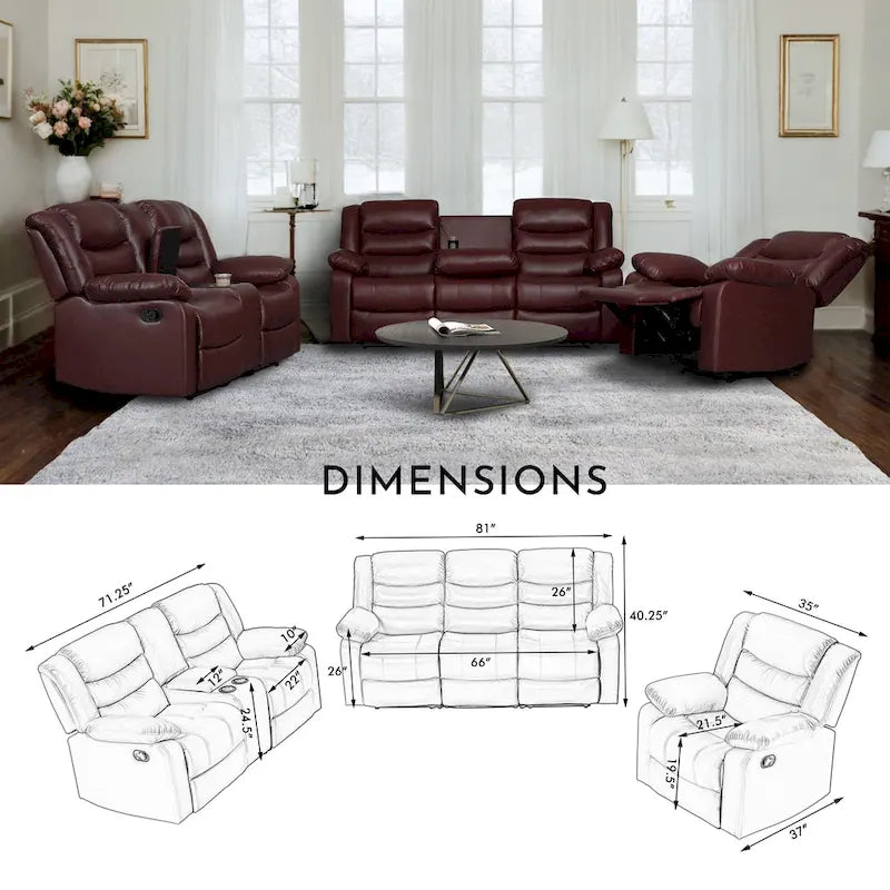 3 Piece Faux Leather Manual Reclining Livingroom Sofa Set with Dropdown Table and Console