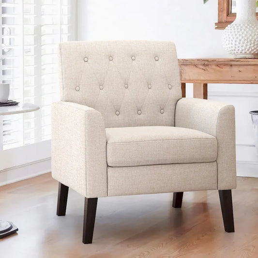 LUE BONA Mid-Century Modern Upholstered Linen Fabric Button Tufted Accent Chair - 28.5 W X 27.25 D X 33.75 H