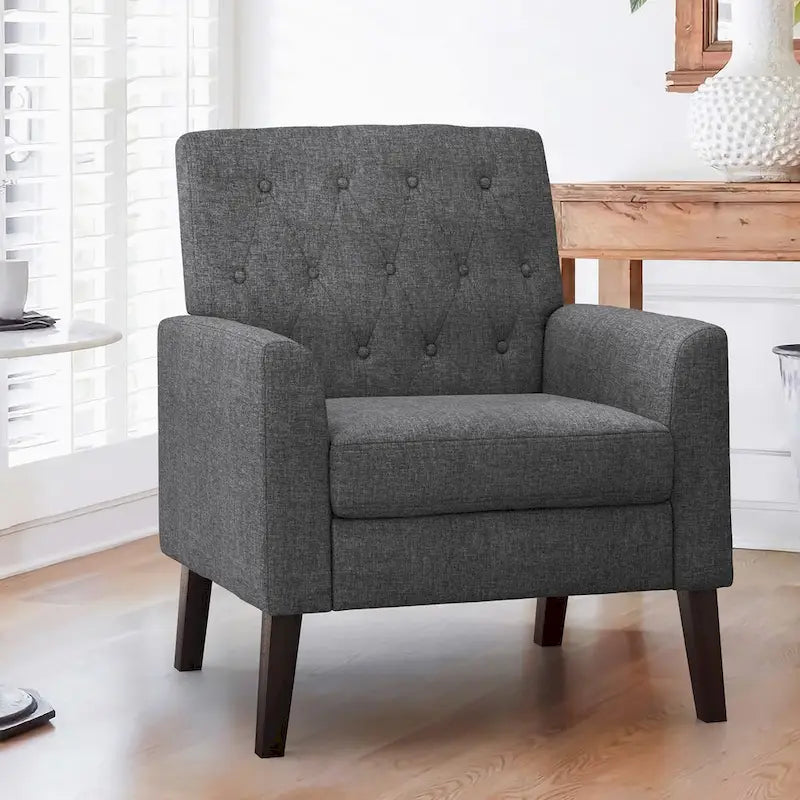 LUE BONA Mid-Century Modern Upholstered Linen Fabric Button Tufted Accent Chair - 28.5 W X 27.25 D X 33.75 H