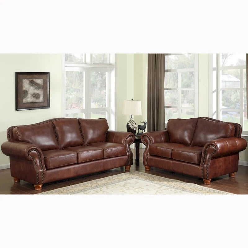 Brandon Distressed Whiskey Italian Leather Sofa and Loveseat Set