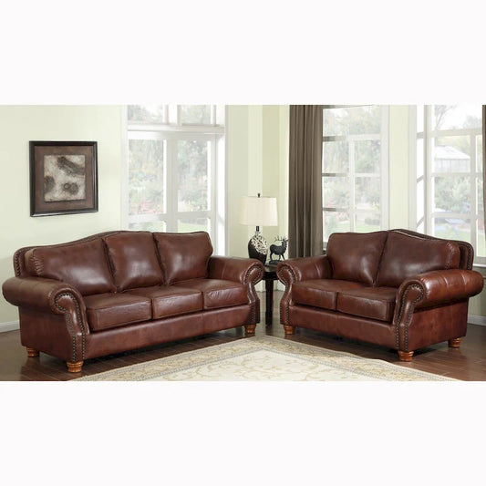 Brandon Distressed Whiskey Italian Leather Sofa and Loveseat Set