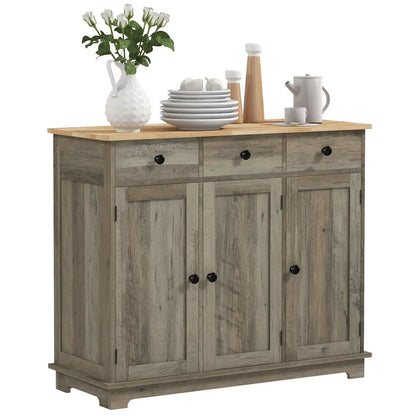 HOMCOM Sideboard with Solid Wood Countertop, Modern Kitchen Storage Cabinet, Coffee Bar Cabinet with 3 Drawers