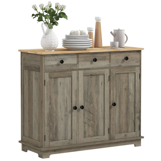 HOMCOM Sideboard with Solid Wood Countertop, Modern Kitchen Storage Cabinet, Coffee Bar Cabinet with 3 Drawers