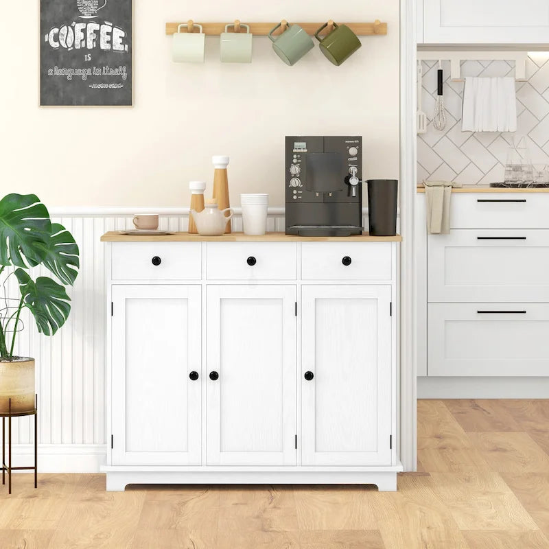 HOMCOM Sideboard with Solid Wood Countertop, Modern Kitchen Storage Cabinet, Coffee Bar Cabinet with 3 Drawers