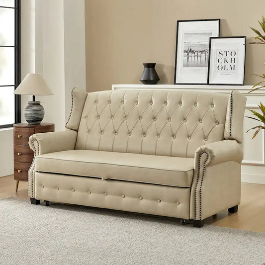 Ruedi Transitional 73.6 Vegan Leather Sofa Bed with Tufted Back and Nailhead by HULALA HOME