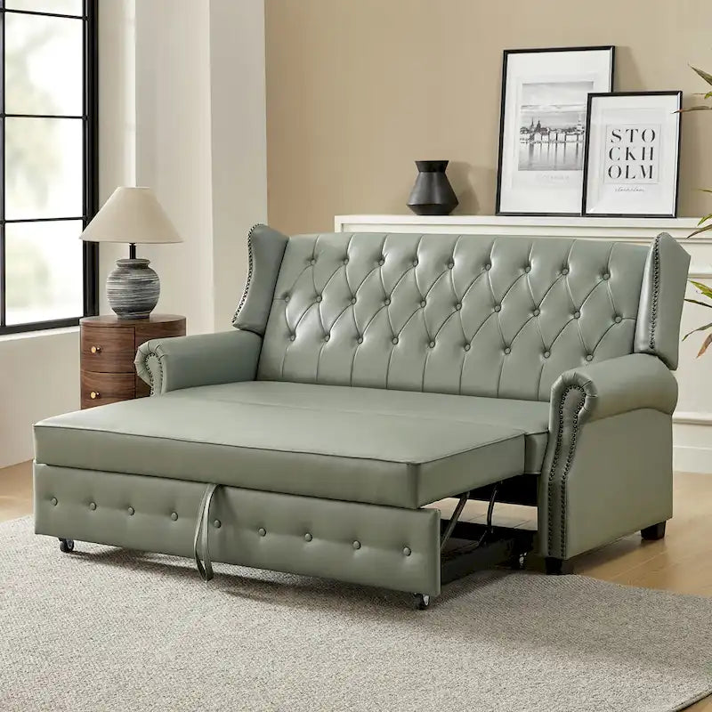 Ruedi Transitional 73.6 Vegan Leather Sofa Bed with Tufted Back and Nailhead by HULALA HOME
