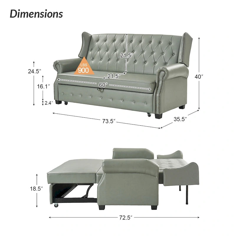 Ruedi Transitional 73.6 Vegan Leather Sofa Bed with Tufted Back and Nailhead by HULALA HOME