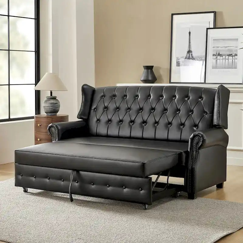 Ruedi Transitional 73.6 Vegan Leather Sofa Bed with Tufted Back and Nailhead by HULALA HOME