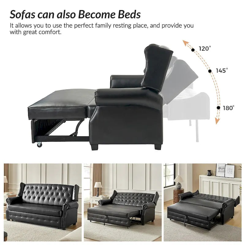 Ruedi Transitional 73.6 Vegan Leather Sofa Bed with Tufted Back and Nailhead by HULALA HOME