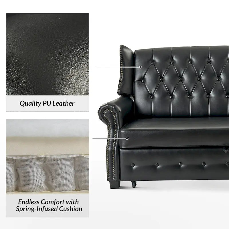 Ruedi Transitional 73.6 Vegan Leather Sofa Bed with Tufted Back and Nailhead by HULALA HOME