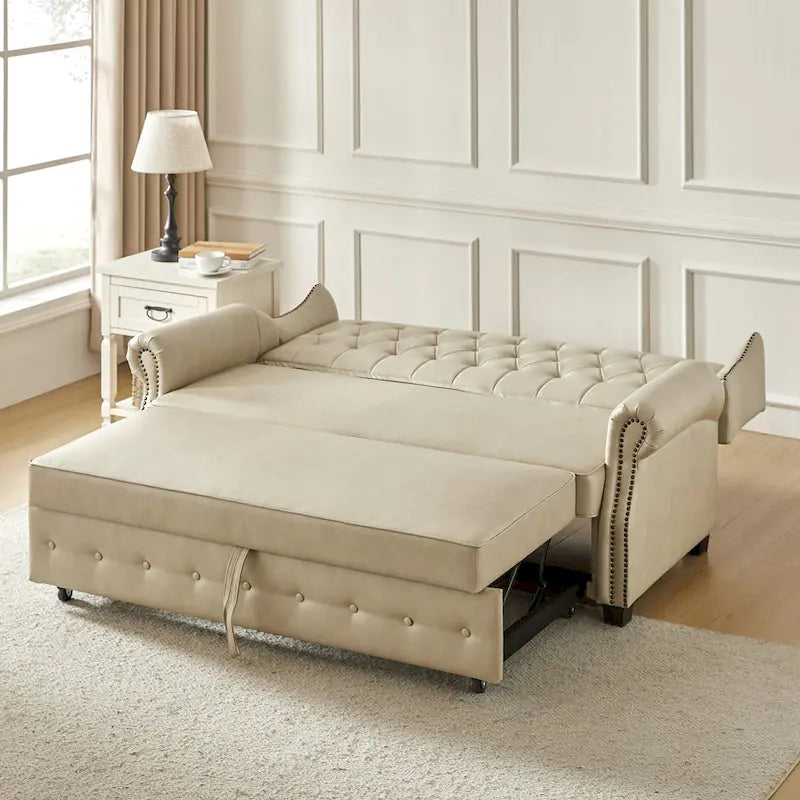 Ruedi Transitional 73.6 Vegan Leather Sofa Bed with Tufted Back and Nailhead by HULALA HOME