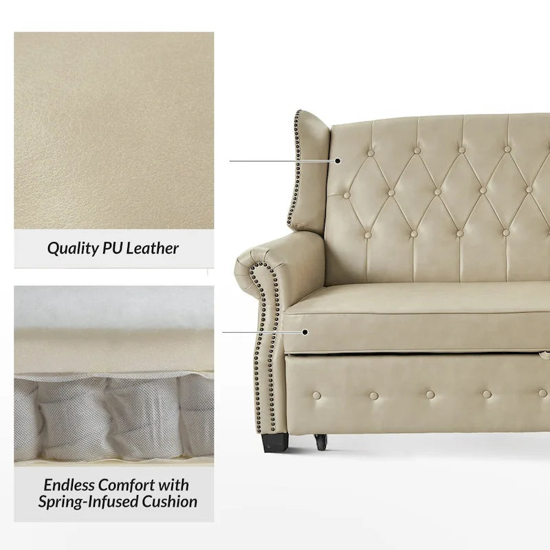 Ruedi Transitional 73.6 Vegan Leather Sofa Bed with Tufted Back and Nailhead by HULALA HOME
