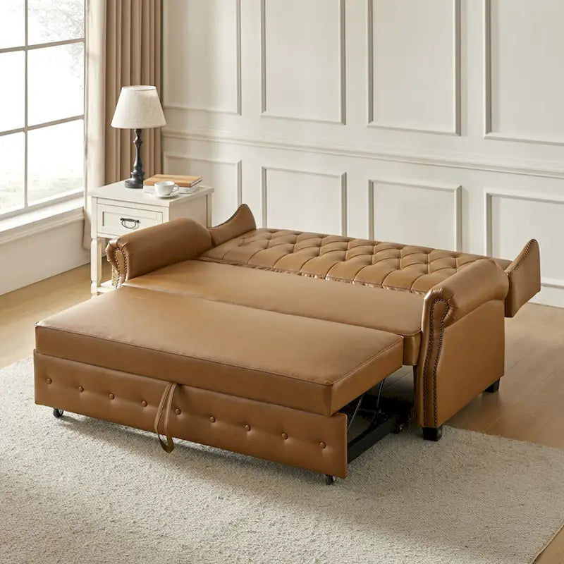 Ruedi Transitional 73.6 Vegan Leather Sofa Bed with Tufted Back and Nailhead by HULALA HOME