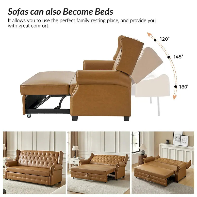 Ruedi Transitional 73.6 Vegan Leather Sofa Bed with Tufted Back and Nailhead by HULALA HOME