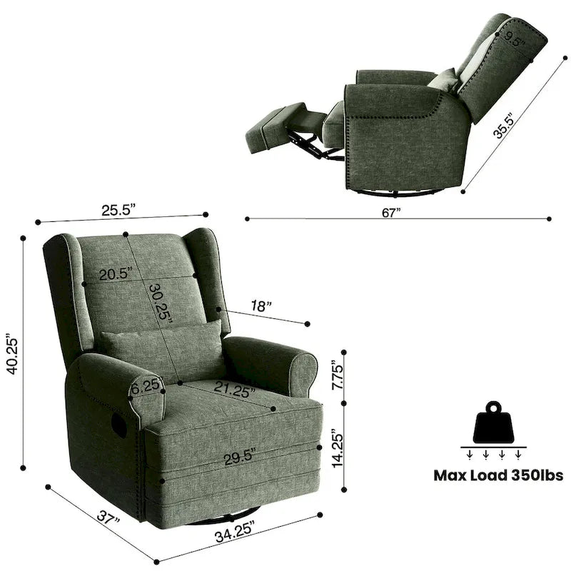Swivel Recliner Chair with Extra Large Footrest, Grey