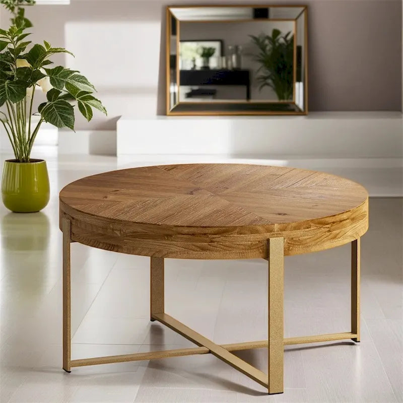 Wood Round Coffee Table with Cross Legs Base