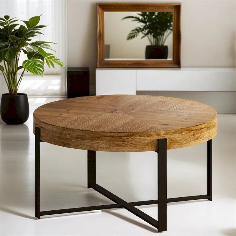 Wood Round Coffee Table with Cross Legs Base