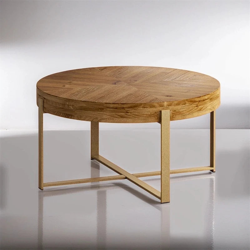 Wood Round Coffee Table with Cross Legs Base