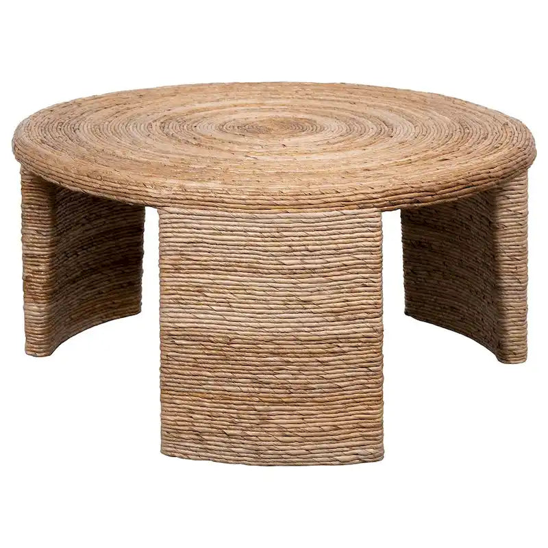 Asha 36 Inch Coffee Table, Round Shaped Top with Natural Rattan Wrapping