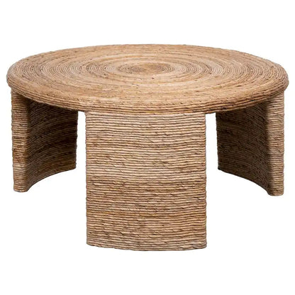 Asha 36 Inch Coffee Table, Round Shaped Top with Natural Rattan Wrapping