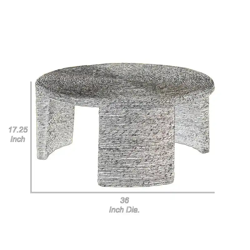 Asha 36 Inch Coffee Table, Round Shaped Top with Natural Rattan Wrapping