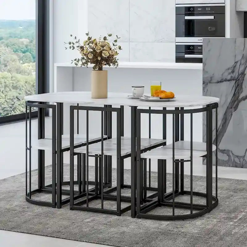 Modern 7-Piece Dining Table Set with Faux Marble Compact