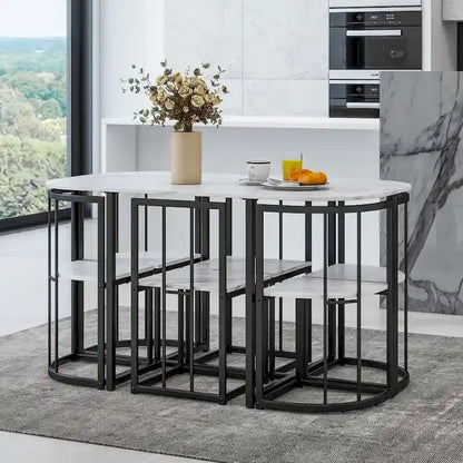 Modern 7-Piece Dining Table Set with Faux Marble Compact