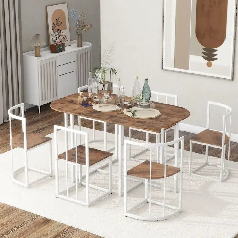 Modern 7-Piece Dining Table Set with Faux Marble Compact