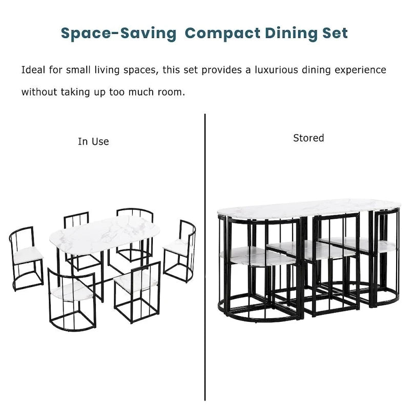 Modern 7-Piece Dining Table Set with Faux Marble Compact