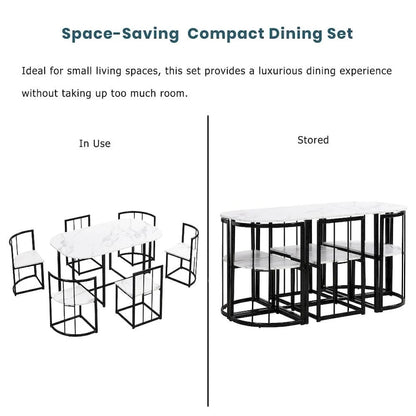 Modern 7-Piece Dining Table Set with Faux Marble Compact