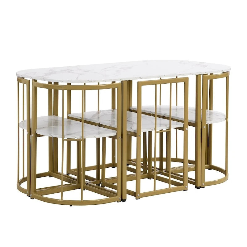 Modern 7-Piece Dining Table Set with Faux Marble Compact
