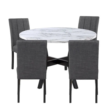 5 Piece Dining Table and Chairs Set, Black Wood, Fabric, Faux Stone Top