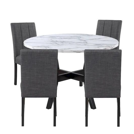 5 Piece Dining Table and Chairs Set, Black Wood, Fabric, Faux Stone Top