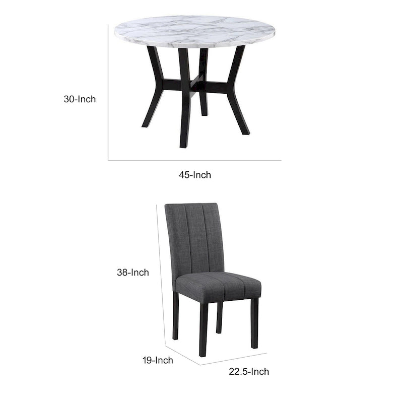 5 Piece Dining Table and Chairs Set, Black Wood, Fabric, Faux Stone Top