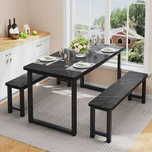 3-Piece Industrial Style Dining Table & Bench, Marble Veneer