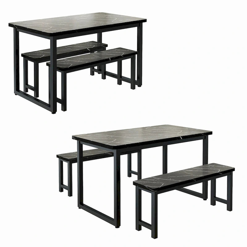 3-Piece Industrial Style Dining Table & Bench, Marble Veneer