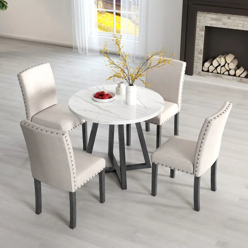 Five-piece dining room set with imitation marble table top,solid wood,space-saving kitchen and dining room combination furniture