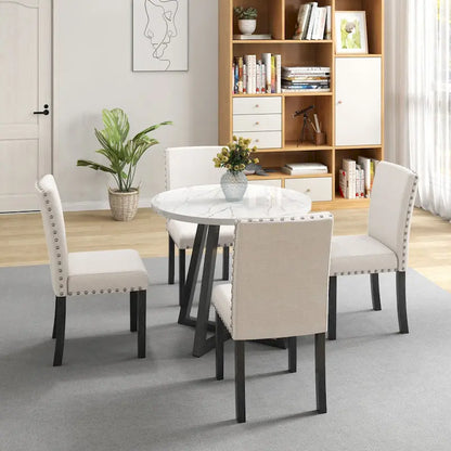 Five-piece dining room set with imitation marble table top,solid wood,space-saving kitchen and dining room combination furniture